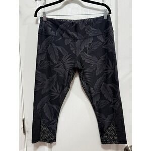 Scorpio Sol Black Tropical Leaf Print Mesh Inset Capri Leggings Women's Size L